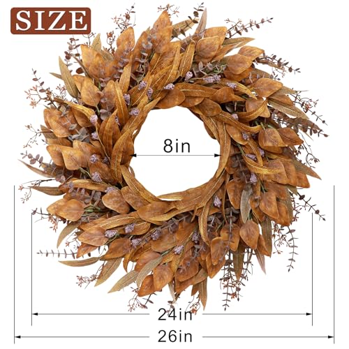 YXZZWL 26-Inch Artificial Fall Eucalyptus Wreath with Seeds for Front Door (Orange) - Fall Decor