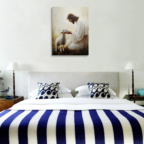Jesus Holding Lamb Canvas Wall Art - Serene Religious Decor for Home & Church | 12x16 Inches