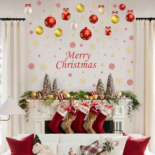 IMISHM Christmas Wall Decals - 6 Sheets Removable Decorations, Stickers for Wall, Window, Refrigerator Door - Balls and Ornaments
