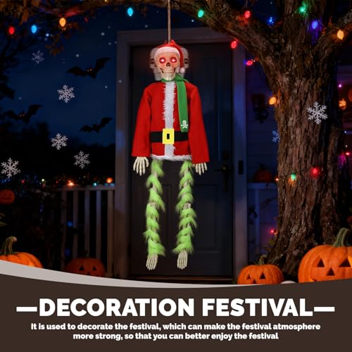 4 ft Santa Skeleton Outdoor Halloween Christmas Decor – Hanging Yard Display