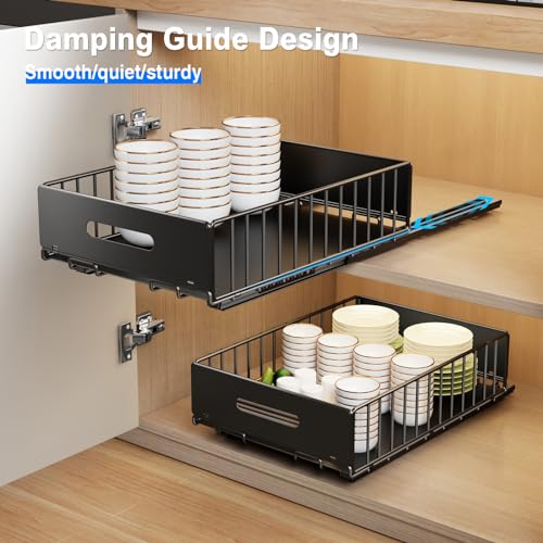 Mustorn 2 Pack Pull Out Cabinet Organizer - Black, Heavy Duty Slide Out Drawers for Kitchen & Pantry, 16.5 x 11.8 x 3.94 Inches