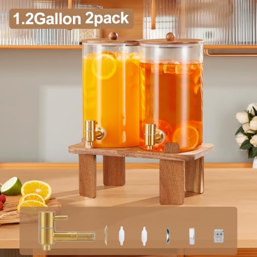FavorFlavor 2-Pack 1.2 Gallon Glass Drink Dispensers with Stand for Parties