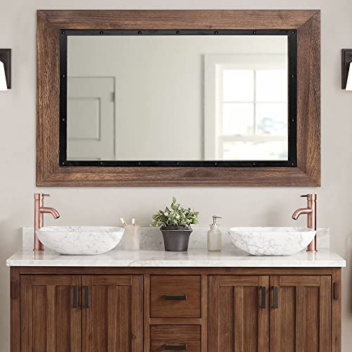 YOSHOOT Rustic Wooden Framed Wall Mirror 32x24 Brown Farmhouse Decor