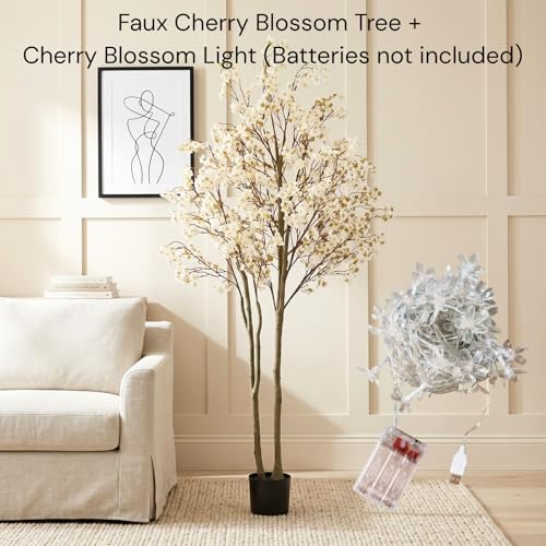 RyddeligHome White Artificial Cherry Blossom Tree with Lights - 6ft Indoor Decor