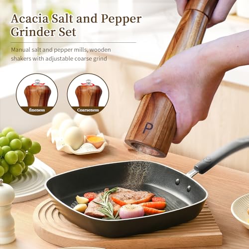 Haomacro 10-Inch Acacia Wood Salt & Pepper Grinder Set, Yellow Brown, 2 Pack