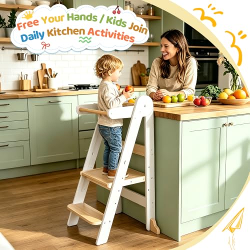 Foldable Wooden Toddler Learning Tower - Height Adjustable Kids Step Stool - White Variation