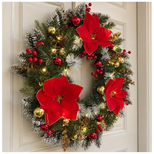 24-Inch Lighted Christmas Wreath with Frosted Poinsettias, Red & Green, Battery-Operated