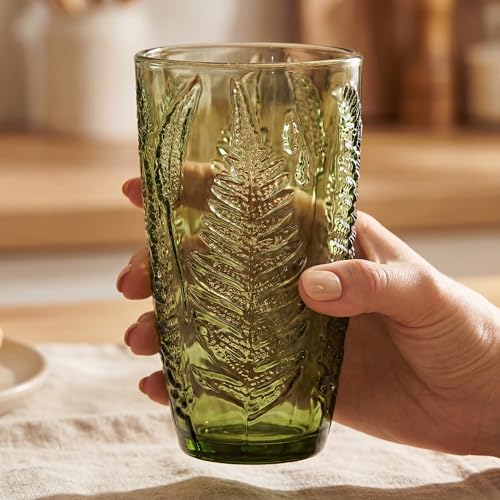 Green 16 oz Glass Drinking Set of 4 with Fern Texture - Dishwasher Safe
