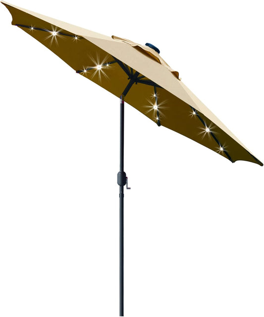 Sunnyglade 9' Solar LED Lighted Patio Umbrella - Tilt Adjustment & Crank Lift System | Light Tan