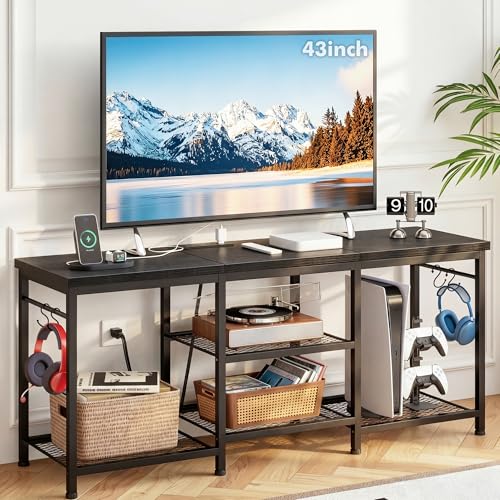 YGEOMER TV Stand for 55 Inch TVs with Outlets - Black, 47.2W x 11.8D x 21.6H, Includes Outlet & Cable Management