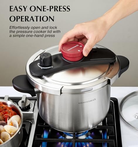 KOCH SYSTEME CS 6.3 Quart Stainless Steel Pressure Cooker - Silver, 3-in-1 with Glass Lid & Steamer
