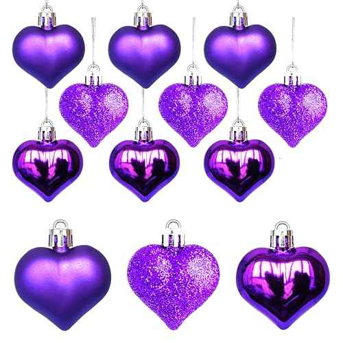 12Pcs Heart Ornaments Multi Finish Heart Baubles Hanging Ornaments for Valentine¡¯s Day Decor Mother's Day Christmas Tree Wedding Anniversary Party Decoration(Purple)