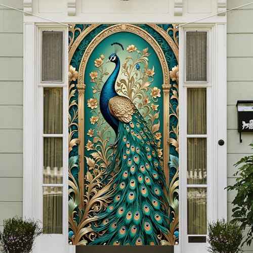 Peacock Door Cover Happy Diwali Photo Backdrop Indian Deepavali Festival of Lights Christmas Party Decorations and Supplies for Home-71¡¿35''