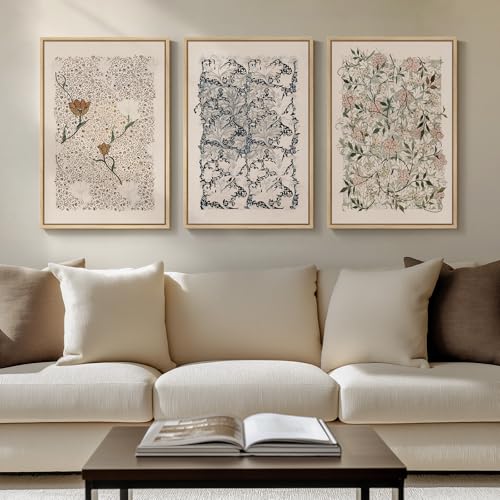 Vintage Neutral William Morris Framed Canvas Wall Art Set of 3 - 16x24 Inches