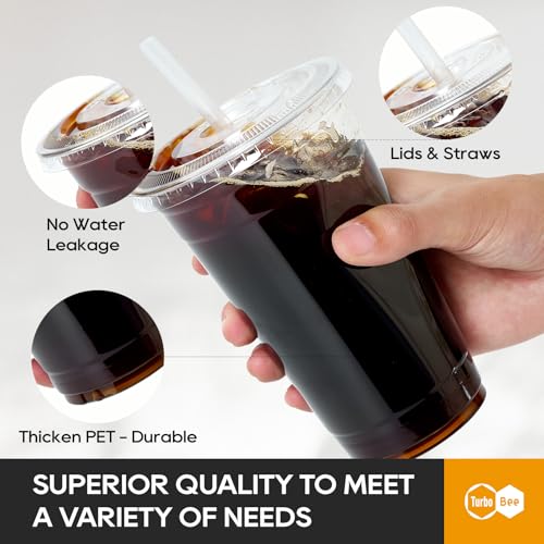 Turbo Bee 24 oz Clear Plastic Cups with Lids & Straws - 200 Disposable To Go Drinkware