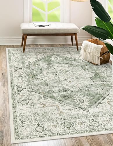 Medallion Sage Washable 5x7 Area Rug - Vintage Tribal Non-Slip Living Room Carpet