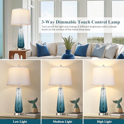 Teal Glass Table Lamps Set of 2 with Touch Control & USB Ports - Modern Nightstand Lamps for Bedroom & Living Room, 27.5 Inch
