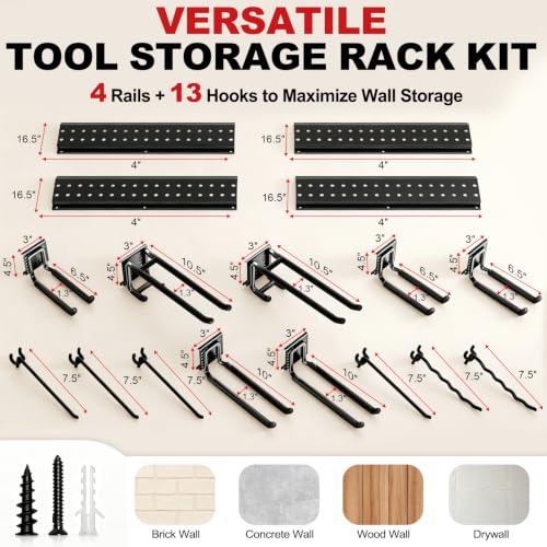 Garage Tool Organizer Wall Mount 66 Inches with 13 Heavy-Duty Hooks - Garden & Shed Storage Rack, Holds Up to 520 lbs - 4 Panels