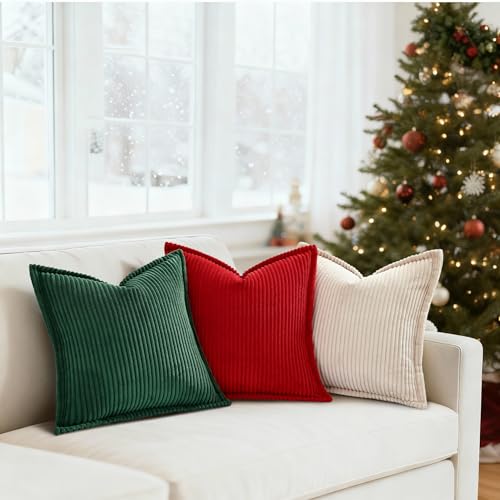 Mecatny 18x18 Corduroy Throw Pillow Covers, Set of 2, Christmas Green with Flange