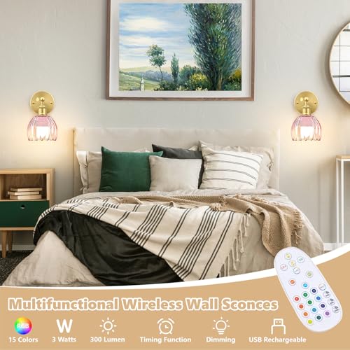 Gold-Pink Vintage Battery Operated Wall Sconce Set of 2 – Wireless Dimmable LED Lamps with Remote for Bedroom Living Room