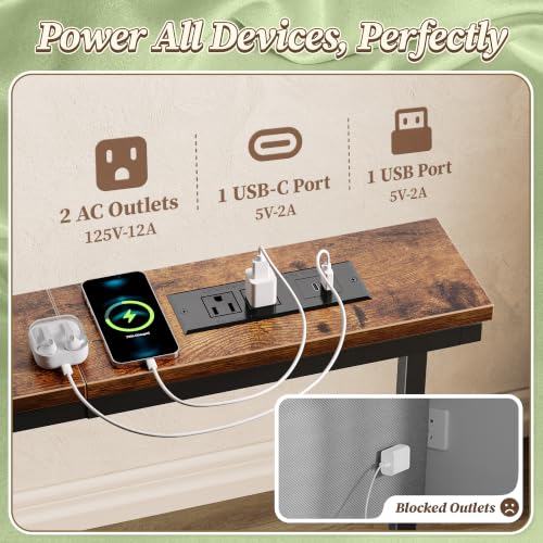 Huuger Extendable Behind Couch Table with Outlets, Rustic Brown 63.4-78.3"