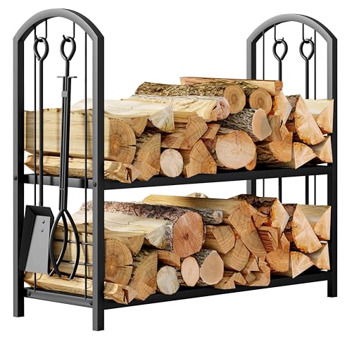 Firewood Log Rack with Fireplace Tools - 31x13x29 Inch Black Wrought Iron
