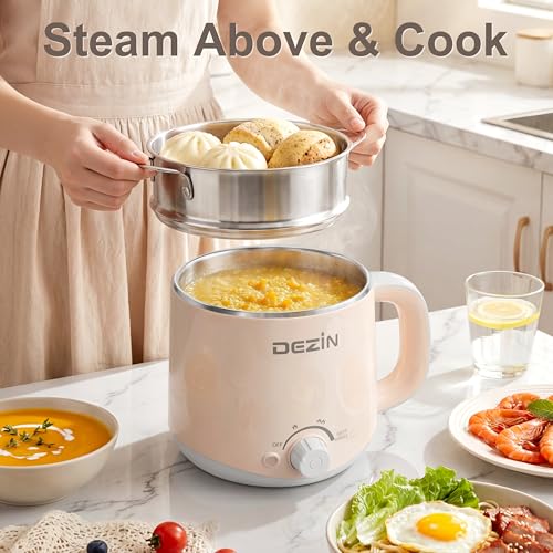 Electric Pot with Steamer 1.7 Quarts - Stainless Steel, Dual Power, Creamy Beige