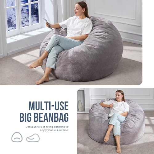 Large Grey Bean Bag Chair Lounger with Plush Cover & Removable Washable Cover - 4FT