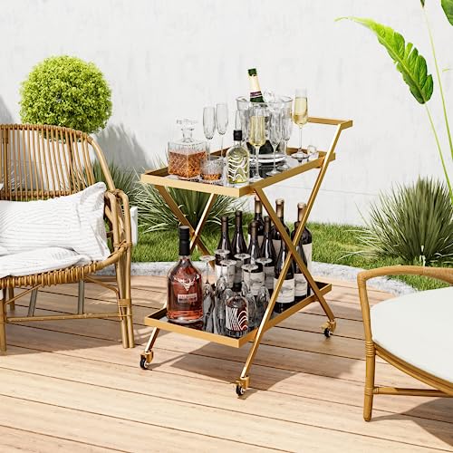 Gold Finish Bar Cart on Wheels with Locking Casters - 2-Tier Serving Cart for Home & Bar