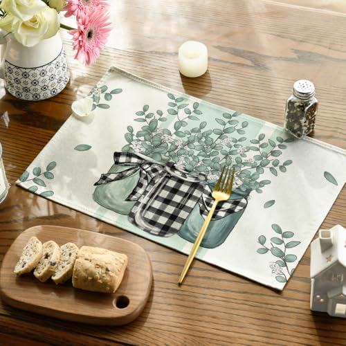 Eucalyptus Buffalo Plaid Spring Placemats Set of 4 12x18 Inches Beige & Green
