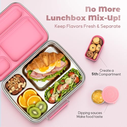 Eoika Pink Stainless Steel Kids Bento Box 4-Compartment Lunch Container with Silicone & Sauce Cup