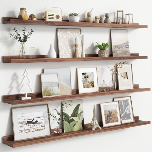 FlyJoe Walnut Floating Picture Ledge Shelves Set of 4, 48-inch Wall Display