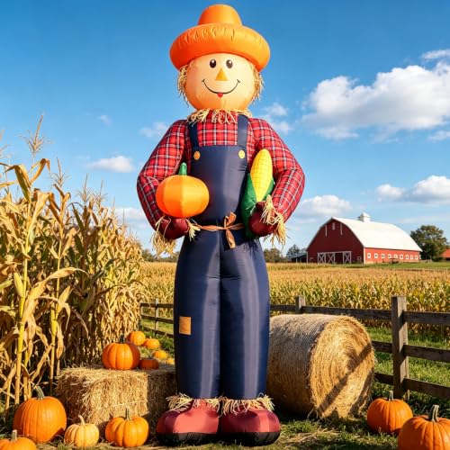 DomKom 12FT Fall Inflatable Scarecrow with LED Lights, Harvest Thanksgiving Yard Decor