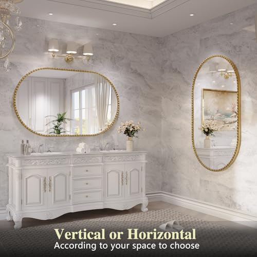 Beaded Oval Mirror 20x48 Inch Gold Bathroom Wall Mirror with Floral Frame