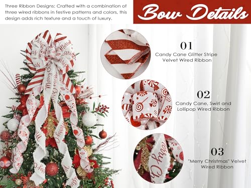 HUIHUANG Red Christmas Tree Topper Bow 13x45 Inch, Red and White, Wired Holiday Decor
