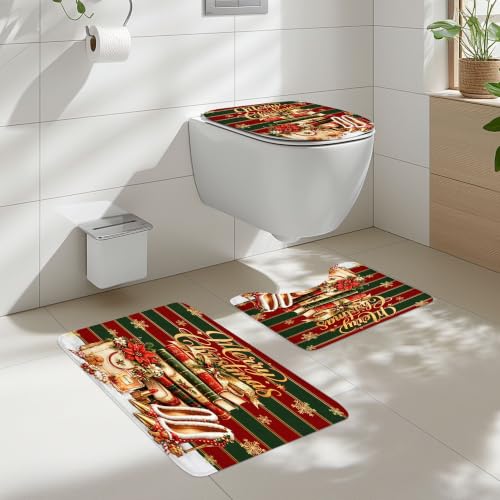 Cinbloo Christmas Bathroom Shower Curtain Set with Rugs A1-Red Green 72x72 Inches, Pack of 4