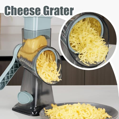 KEOUKE Rotary Cheese Grater 6-in-1 Hand Crank Shredder & Slicer - Grey Blue SP