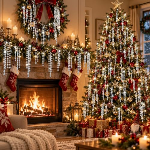 Junkin Silver 100 pcs 12.6" Crystal Christmas Ornament Strands for Tree Decor