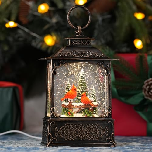 Red Cardinals Bird Snow Globe with Music - USB/Battery Operated Glitter Glass Dome