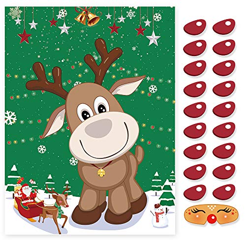 CCINEE Pin The Nose on The Reindeer Holiday Reusable Game Christmas Party Games with 36 Noses and 4 Blindfold for Xmas Party Supplies