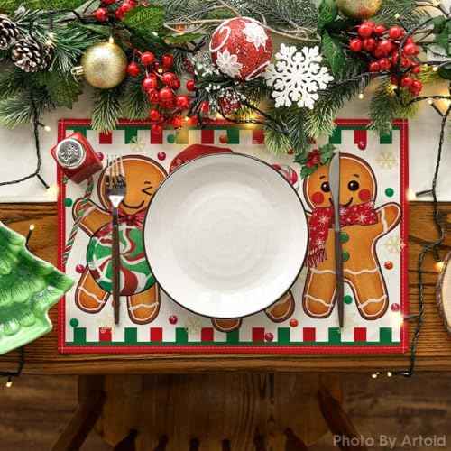 Artoid Mode Gingerbread Candy Cane Christmas Placemats Set of 4, 12x18 Inch Seasonal Table Mats for Party Kitchen Dining Decoration