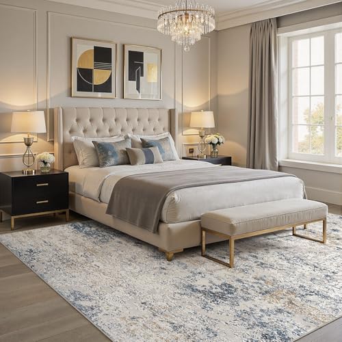 8x10 Beige Blue Abstract Washable Area Rug for Living Room, Non-Slip, Soft Polyester