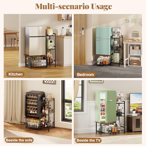 Mini Fridge Stand with Drawer and Storage, Rustic Kitchen Organizer