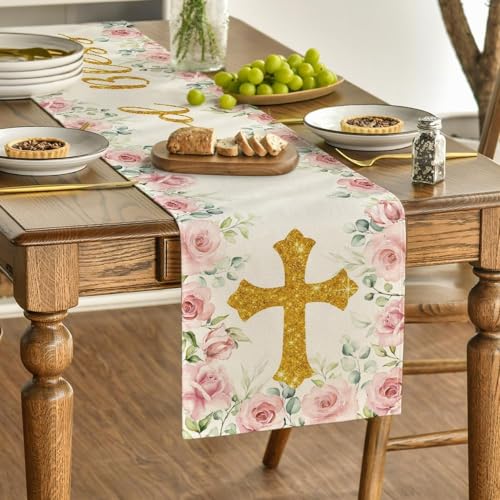 Artoid Mode Pink God Bless Girl Baptism Table Runner 13x90 Inch | First Holy Communion Christening Decor