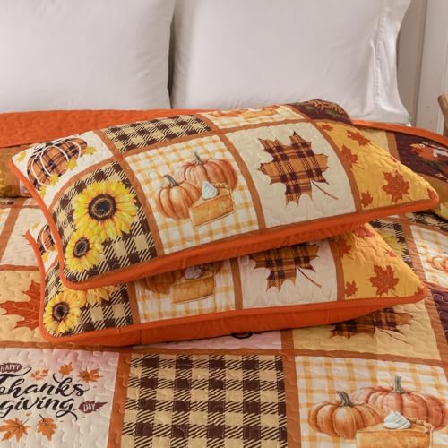 Fall Patchwork Quilt Set Queen - Thanksgiving Pumpkin & Maple Leaves Bedding