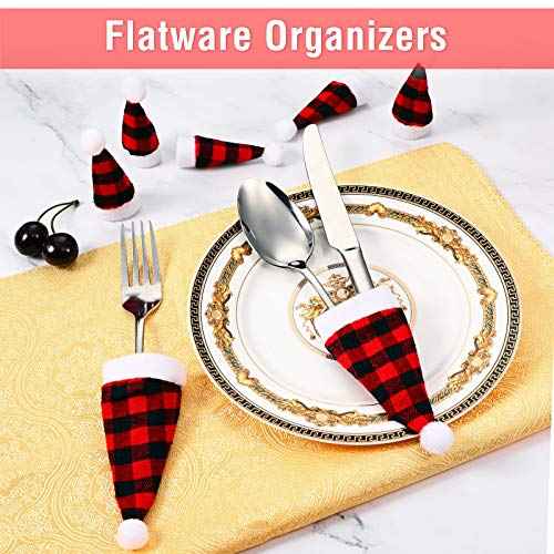 Skylety 50 Pieces Mini Christmas Hat, 2 Sizes Mini Buffalo Plaid Santa Hats, Christmas Doll Crafts Hat for Christmas Tree Ornaments Cup Bottles Cover DIY Craft Art Decoration