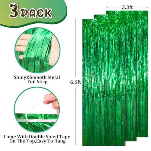3 Pack 3.3 x 6.6 ft Green Foil Fringe Backdrop Curtains, Tinsel Streamers Party Decorations, Fringe Backdrop for Birthday, Dinosaur, St Patrick's Day, Soccer, Christmas