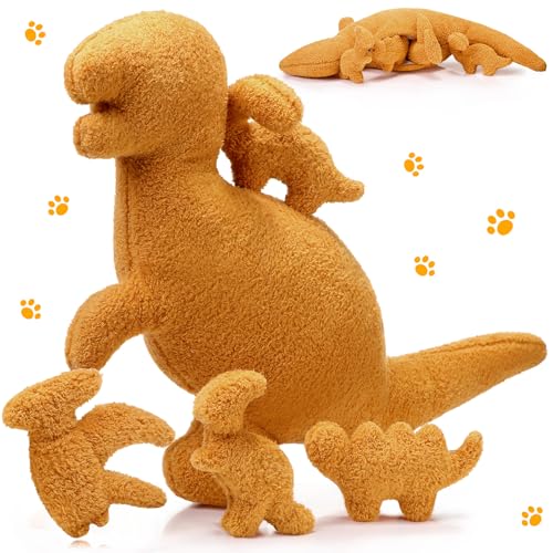 5 Pcs Plush Dinosaur Nugget Pillow Set, 16 Inch Large Stuffed Dinosaur with 4 Plush Babies in Zippered Belly Soft Dino Pillow Gifts for Birthday Collection Party Decors