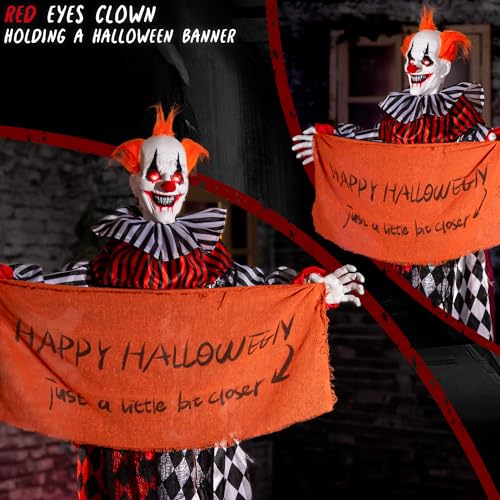 Halloween Animatronic Hanging Clown 5ft with Banner Sound & Lights - Creepy Indoor Outdoor Decor
