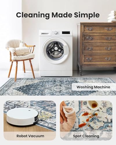 Amada 5x7 Blue Washable Area Rug - Vintage Pattern, Non-Slip, Durable